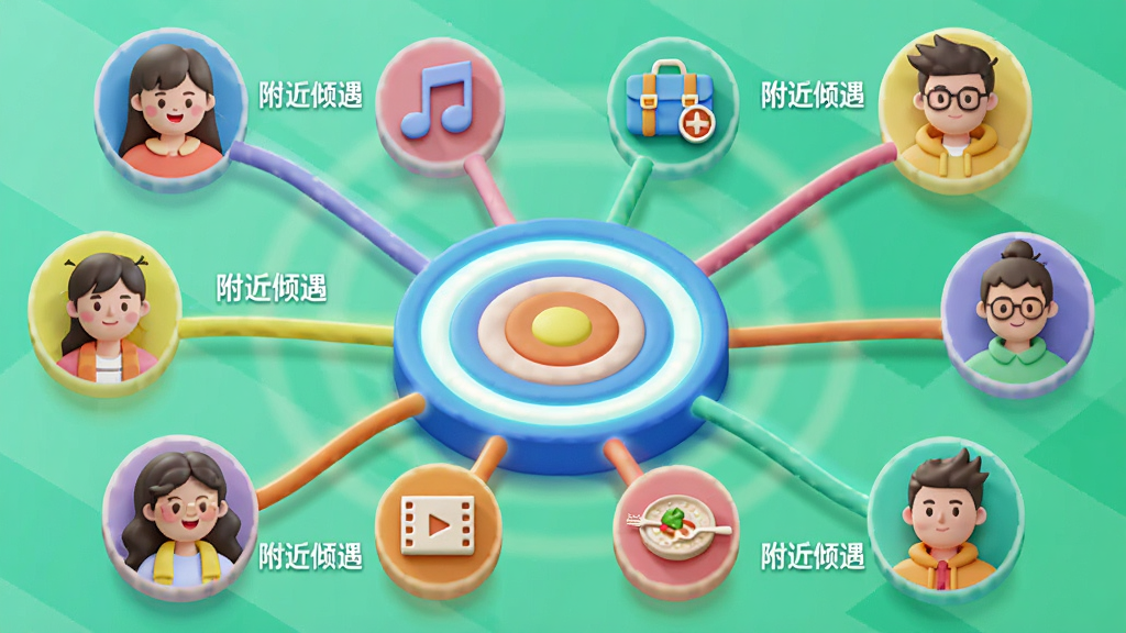 一幅立体插画风格图片,中央是一个发光的圆形靶心,靶心周围环绕着代表不同兴趣的图标(如音乐、旅行、电影、美食),从靶心向外延伸出多条彩色线条连接到周围的人物头像上,头像旁边标注