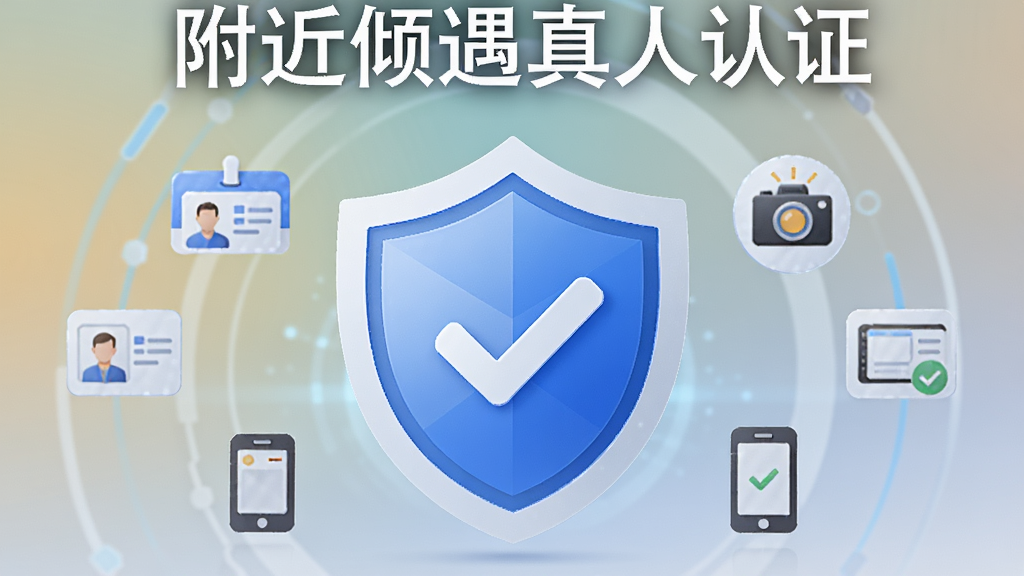 一张带有科技感的安全盾牌图标位于画面中央,盾牌上有一个对勾标记,周围环绕着身份证、相机、手机等小图标,背景为柔和的渐变色,上方有文字