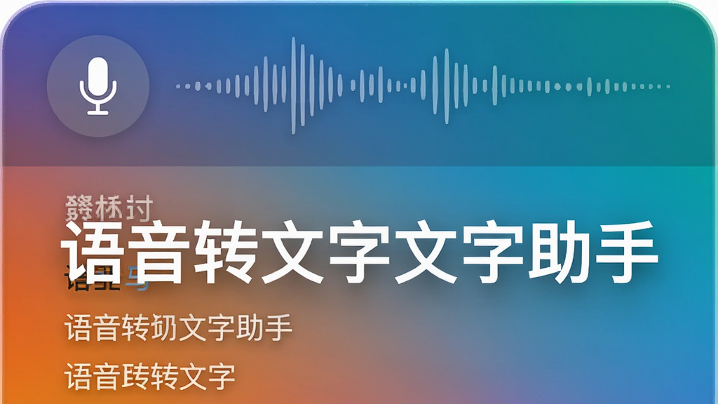 展示语音转文字文字助手实时转写功能的界面截图,屏幕上方显示麦克风图标和波形动画,下方文字流实时出现,背景为渐变色,风格简洁现代,突出“语音转文字文字助手”字样,画质清晰干净