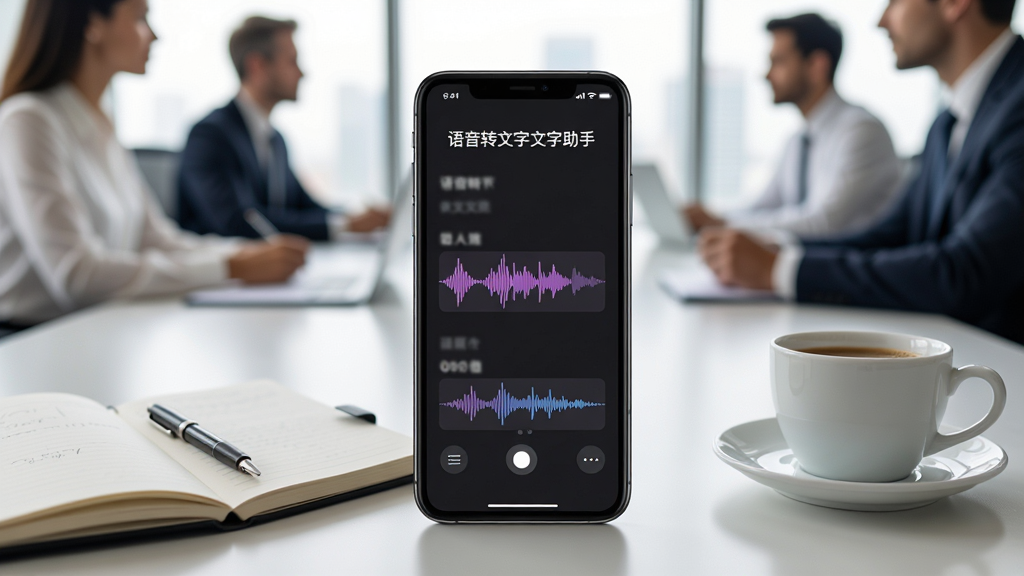 一幅展示语音转文字文字助手在商务会议中使用的场景图,画面中央是一部智能手机,屏幕显示实时语音转文字界面,手机旁边有记事本和咖啡杯,背景是模糊的办公室环境,风格写实,清晰干净,突出软件名称“语音转文字文字助手”