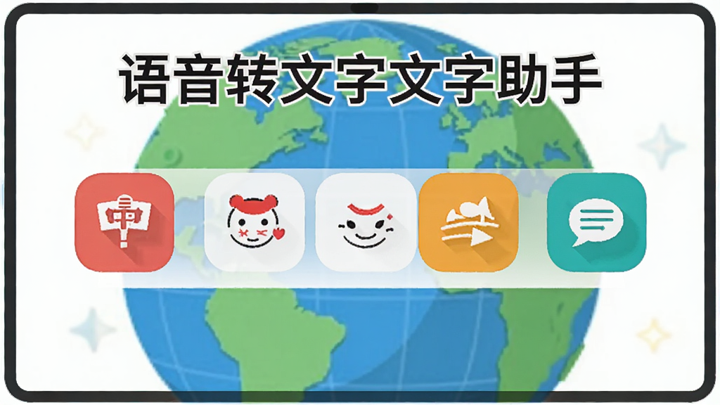 展示语音转文字文字助手多语言切换功能的界面,屏幕上有多个语言选项图标,包括中英日韩等,背景为地球图案,风格扁平化,色彩鲜明,突出“语音转文字文字助手”名称,画质干净