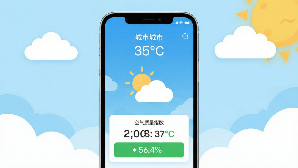 主体:天气预报APP主界面展示,手机屏幕内显示当前城市天气、温度、空气质量指数。布局:手机居中,屏幕内容清晰可见,周围有云朵和阳光装饰。排版:屏幕上方为城市名称和温度,中间为天气图标,下方为空气质量数值。风格:现代扁平化设计,色彩清新明亮。细节:天气图标为太阳和云朵,空气质量指数显示为绿色优良。画质:高清渲染,干净整洁,无多余元素。
