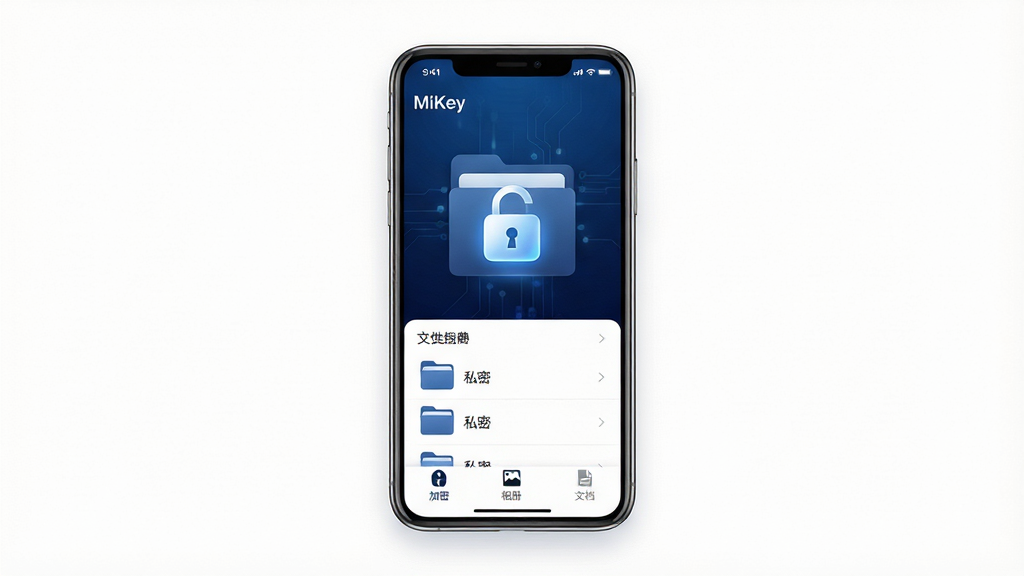 主体:MiKey应用界面展示,手机屏幕显示加密文件夹与锁形图标,背景为深蓝色科技感渐变。布局:手机居中,四周留白,简洁大气。排版:界面列表清晰,分类明确,底部导航栏有“加密”“相册”“文档”标签。风格:现代扁平化,科技感强,色彩以深蓝和白色为主。细节:锁形图标带有发光效果,文件夹上标有“私密”字样。画质:高清,干净,无多余元素。