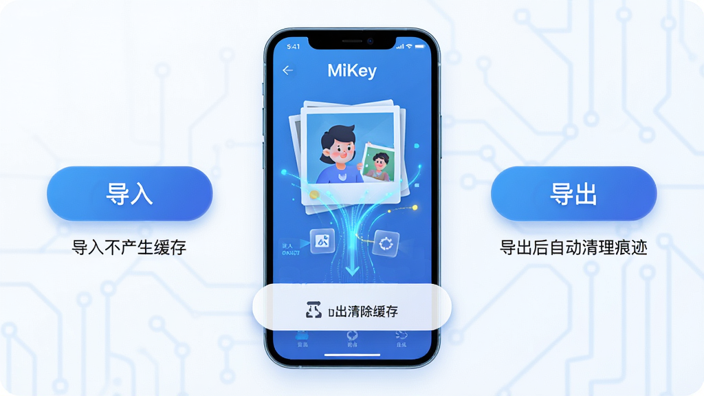 主体:MiKey应用的数据导入导出界面,显示从相册导入照片的动画,以及导出时清除缓存的提示。布局:界面中央有手机示意图,左右两侧分别有“导入”和“导出”按钮。排版:按钮下方有文字说明,提示“导入不产生缓存”和“导出后自动清理痕迹”。风格:科技感插画风,蓝色调,简洁明了。细节:手机屏幕上有数据流动的光效,按钮带有圆角阴影。画质:高清,干净,无多余元素。
