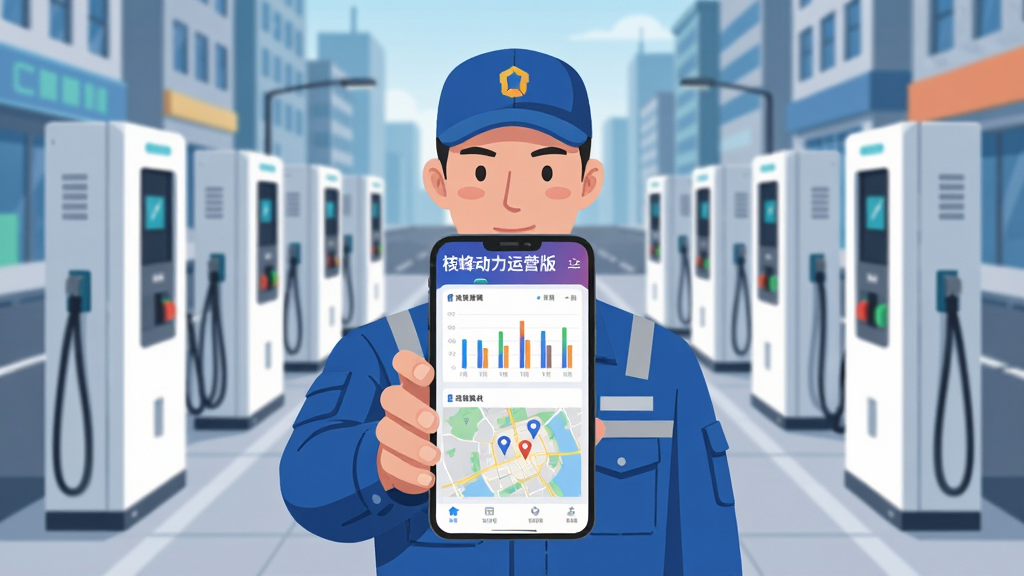 画面主体为一位穿着工作制服的运营人员,手持智能手机,屏幕正面朝向镜头,上面清晰显示着“核蜂动力运营版”的彩色数据看板界面,背景是城市街道上一排排白色的换电柜,布局采用中心构图,人物与手机占据画面中央,换电柜呈纵深感排列,整体风格为现代科技感扁平插画,细节包括手机屏幕上的柱状图与地图点位,画质高清干净,无多余元素