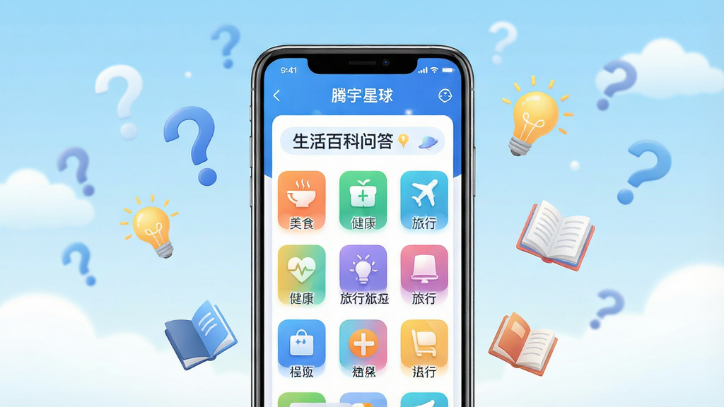 一张展现腾宇星球APP核心界面的高清宣传图,画面中央是一部智能手机,手机屏幕显示着“腾宇星球”APP主界面,界面以清新的蓝白色调为主,顶部有“生活百科问答”字样,下方排列着多个彩色图标分类,如美食、健康、旅行等,手机周围漂浮着问号、灯泡、书本等知识元素,背景为渐变的淡蓝色天空与白云,整体风格明亮、活泼、现代,画质清晰干净,无多余元素