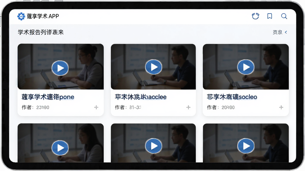 主体:蔻享学术APP中的学术报告列表页面,展示多个视频卡片。布局:列表式排列,每个卡片包含视频缩略图、标题和作者。排版:清晰有序,卡片间距适中。风格:简洁学术风,白色背景,蓝色点缀。细节:视频缩略图上有播放按钮,标题字体清晰,画质高清。画质:干净,无多余元素。