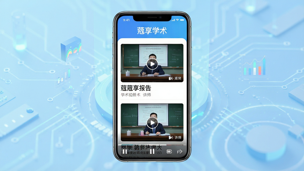 主体:一款名为“蔻享学术”的学术视频APP的界面展示,手机屏幕居中,背景为浅蓝色科技感渐变。布局:手机位于画面中央,屏幕内显示视频列表和播放界面,上方有“蔻享学术”字样。排版:简洁大气,突出APP界面。风格:现代科技感,扁平化设计,色彩明快。细节:屏幕中展示学术报告视频缩略图、标题和讲师信息,画质清晰。画质:高清,干净,无多余元素。