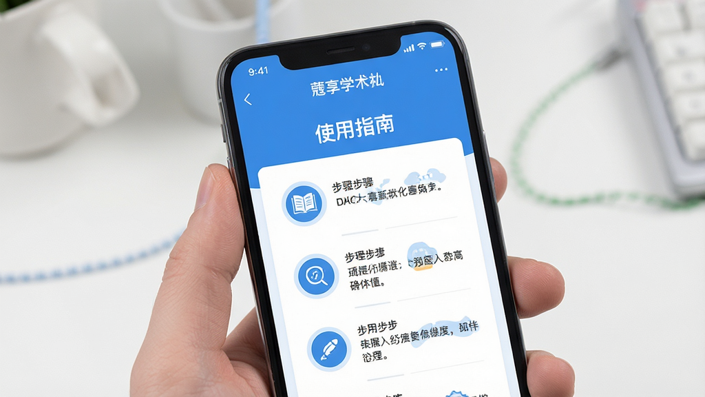 主体:手机屏幕显示蔻享学术APP的“使用指南”页面,图文并茂。布局:上方为标题,下方为步骤说明配图标。排版:清晰有序,图标简洁。风格:清新简洁,蓝色主调。细节:文字说明清晰,配有小图标示意。画质:高清,干净,无多余元素。