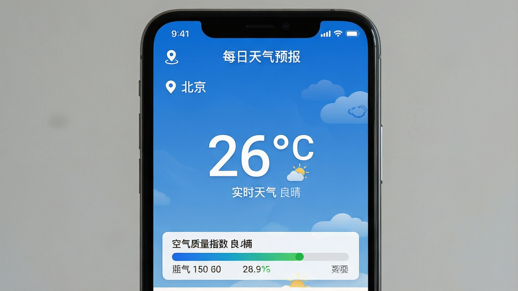 主体:手机展示“每日天气预报”的实时天气页面,显示当前温度26℃、晴、空气质量良。布局:手机屏幕为主体,天气数据醒目居中。排版:数据采用大字号显示,底部有空气质量指数条。风格:简洁现代,蓝白配色。细节:屏幕左上角有定位图标,显示“北京”,温度数字下方有“实时天气”小字。画质:高清,干净,无多余元素。