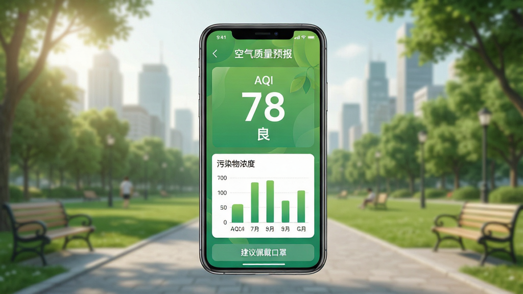 主体:手机展示“每日天气预报”空气质量页面,显示AQI数值为78,等级“良”,背景是城市公园。布局:手机居中,数据卡片式排列。排版:AQI数字巨大,下方有污染物浓度柱状图。风格:环保风格,绿色渐变。细节:屏幕上有“空气质量预报”标题,底部有“建议佩戴口罩”提示。画质:高清,干净,无多余元素。
