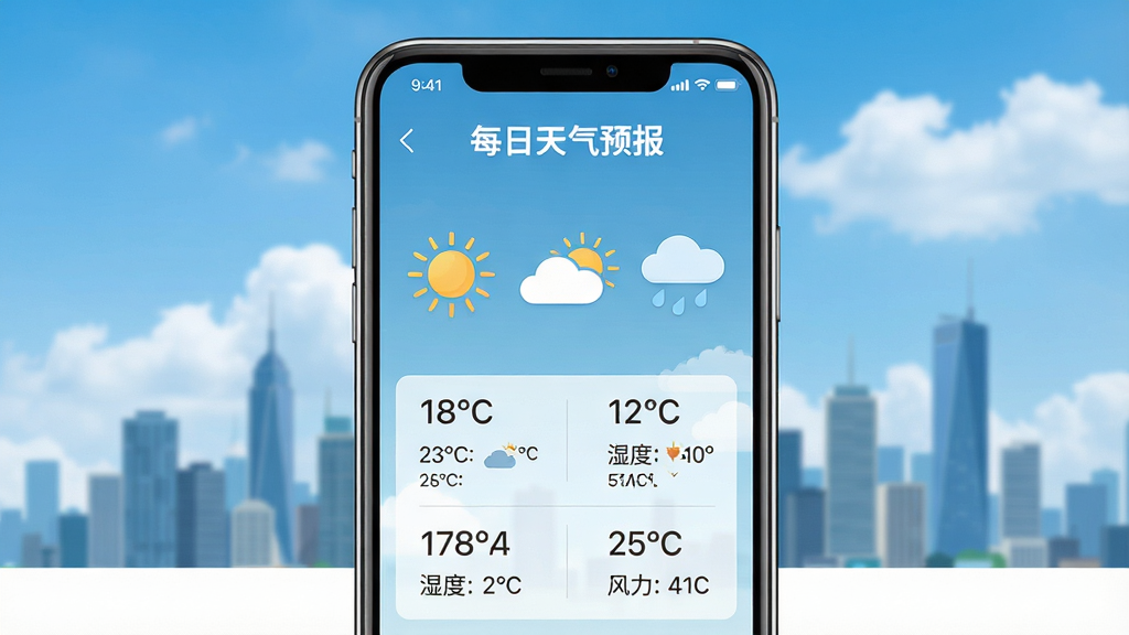 主体:一部智能手机屏幕显示“每日天气预报”应用界面,界面上有太阳、云朵、雨滴等天气图标,背景为城市天际线。布局:手机居中,屏幕内容清晰可见,周围留白。排版:手机屏幕内信息分区整齐,显示温度、湿度、风力等数据。风格:写实与扁平结合,色彩明亮清新。细节:屏幕上显示“每日天气预报”字样,天气图标精致,城市背景有蓝天白云。画质:高清,干净,无多余元素。