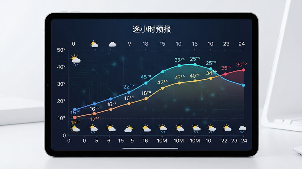 主体:平板电脑展示“每日天气预报”逐小时预报图表,横轴为时间,纵轴为温度,曲线平滑。布局:平板居中,图表占满屏幕。排版:图表清晰标注每小时天气图标,温度曲线用彩色线条表示。风格:科技感,数据可视化风格。细节:屏幕上方有“逐小时预报”标题,时间轴从0点到24点。画质:高清,干净,无多余元素。