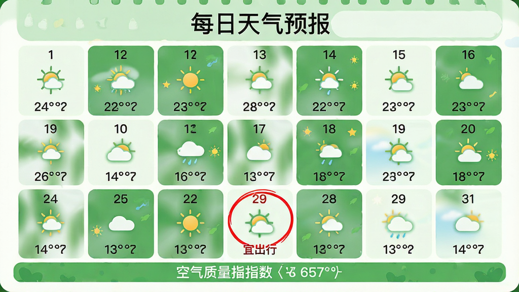 主体:日历风格的界面展示“每日天气预报”的15日预报,每天有天气图标和温度范围。布局:日历网格排列,每天一个单元格。排版:日期数字在上,天气图标居中,温度范围在下。风格:清新简洁,绿色背景。细节:其中一天用红圈标注“宜出行”,底部有空气质量指数。画质:高清,干净,无多余元素。