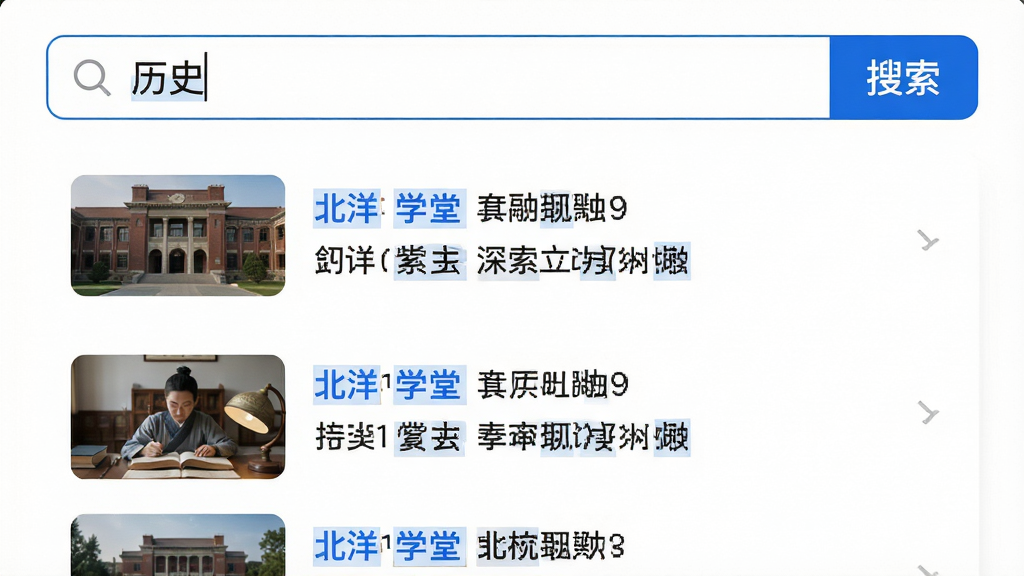 主体:北洋学堂App的搜索功能界面,搜索框内输入“历史”,下方显示搜索结果列表。布局:搜索框位于顶部,结果列表依次排列,每个结果有缩略图和文字摘要。排版:简洁列表样式,左侧缩略图,右侧两行文字。风格:清爽极简风,白色背景,蓝色高亮关键词。细节:搜索框右侧有“搜索”按钮,画面干净无多余元素,画质高清。