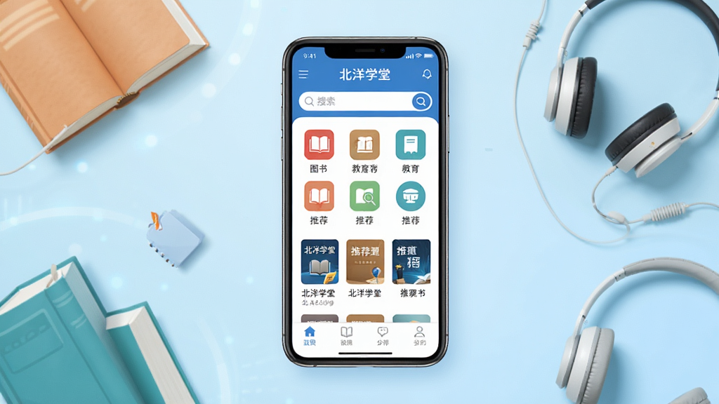 主体:北洋学堂App界面展示,手机屏幕显示软件主页面,包含图书分类、搜索栏和推荐书目。布局:手机居中,屏幕内容清晰可见,背景为淡蓝色渐变,周围有书本和耳机等元素点缀。排版:界面整洁,图标排列有序,下方有功能标签栏。风格:现代扁平化设计,色彩明亮,突出教育科技感。细节:屏幕上的文字内容显示“北洋学堂”字样,画面干净无多余元素,画质高清。