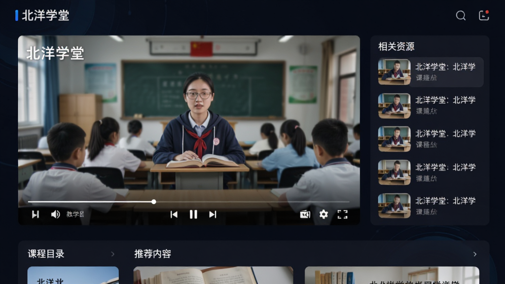 主体:北洋学堂App的视听学习界面,播放一段教学视频,画面清晰。布局:视频播放器占据主要区域,下方有课程目录和推荐内容。排版:播放器居中,控制按钮简洁,右侧有相关资源列表。风格:现代科技感,深色背景,突出视频内容。细节:视频左上角有“北洋学堂”水印,画面干净无多余元素,画质高清。