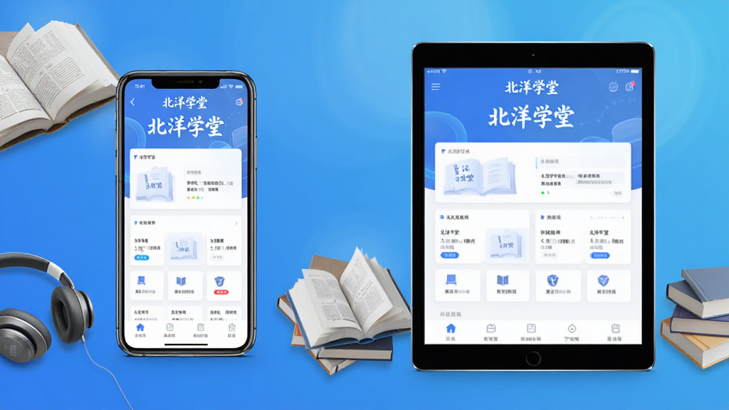 主体:北洋学堂App在手机和平板上的使用场景,展示不同设备适配。布局:左侧为手机界面,右侧为平板界面,背景为渐变蓝色。排版:设备居中,屏幕显示软件界面,周围有书本和耳机装饰。风格:科技与教育结合,明亮清晰。细节:屏幕上显示“北洋学堂”主界面,画面干净无多余元素,画质高清。