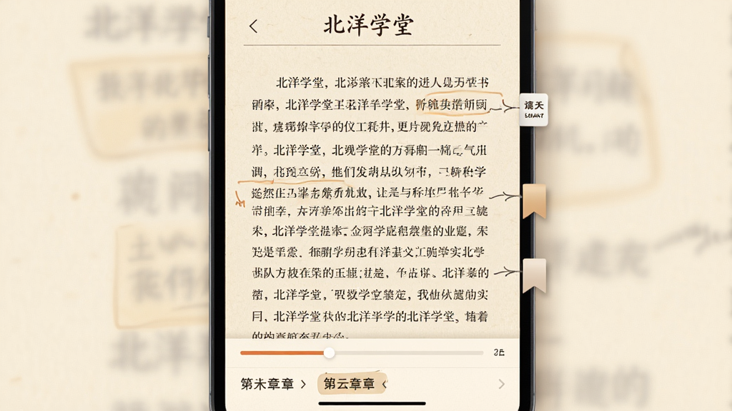 主体:北洋学堂App的电子书阅读界面,显示图书内容,页面有批注和书签标记。布局:文字排版整齐,页面底部有进度条和章节列表,背景为米黄色护眼色调。排版:单栏阅读,字体清晰,段间距适中。风格:温馨阅读风,模拟纸质书质感,细节丰富。细节:页面顶部显示“北洋学堂”字样,画面干净无多余元素,画质高清。