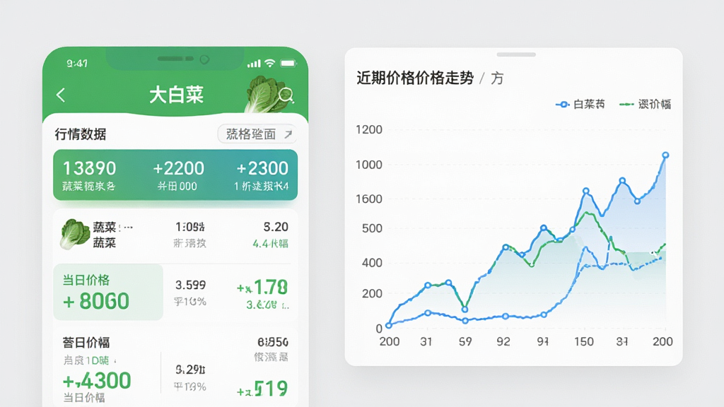 产品功能界面设计图,画面左侧是“大白菜”APP的行情数据页面,显示各类蔬菜的当日价格与涨跌幅,右侧是折线统计图,展示近期价格走势。整体风格扁平化,数据可视化清晰,背景为浅灰色,突出绿色和蓝色的数据元素,画质细腻,干净整洁。