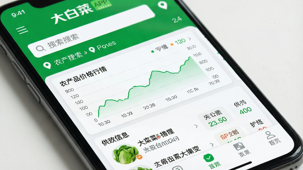 一张手机屏幕特写,屏幕中清晰展示“大白菜”APP的首页界面,界面上方为搜索栏和定位信息,中间是滚动的农产品价格行情图表,下方是供求信息列表和底部导航栏。整体布局简洁明了,色彩以绿色和白色为主,风格现代,画质干净,无多余元素,突出“大白菜”APP的品牌标识和核心功能。