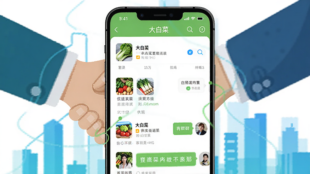 一张展示商务社交场景的插画,画面中央是手机屏幕,屏幕内显示“大白菜”APP的通讯录和群聊界面,头像均为农产品商户。背景是抽象的握手和城市轮廓线条,色彩明快,突出连接与合作的理念,整体风格商务且现代,画质高清。