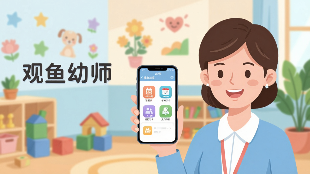 画面主体为一位面带微笑的幼儿园女教师手持智能手机,屏幕中清晰显示“观鱼幼师”APP界面,界面内有课程表、考勤打卡、通知消息等彩色图标。背景是温馨明亮的幼儿园教室,有彩色墙贴、积木角和绿色植物。构图采用居中偏左布局,教师位于右侧三分之一处,左侧留白用于放置文字。整体风格为扁平插画与轻微拟物结合,色彩柔和明快,以浅蓝、淡粉、奶白为主色调。细节上强调手机界面图标的清晰可辨,教师衣着得体、发型利落,画面干净、无多余杂物,画质高清,光影自然,适合作为软件介绍页的头部主图。
