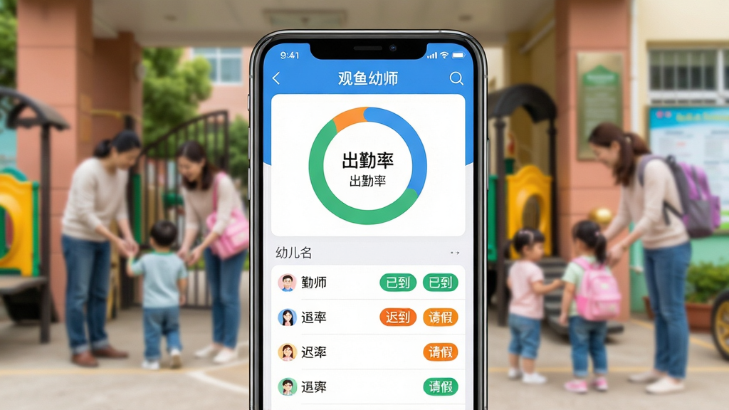 画面主体为手机屏幕特写,显示“观鱼幼师”的考勤统计界面,上方是环形图展示出勤率,下方是幼儿名单列表,每个名字后带有“已到”“迟到”“请假”等彩色状态标签。背景是模糊的幼儿园门口场景,隐约可见家长送孩子入园。构图采用手机居中、背景虚化的方式,突出屏幕内容。风格为写实与UI结合,色彩明亮,以蓝色、绿色、橙色区分不同状态。细节上,图表数据清晰,状态标签圆润醒目,画质高清,背景干净无杂乱元素,体现出考勤管理的直观与高效。