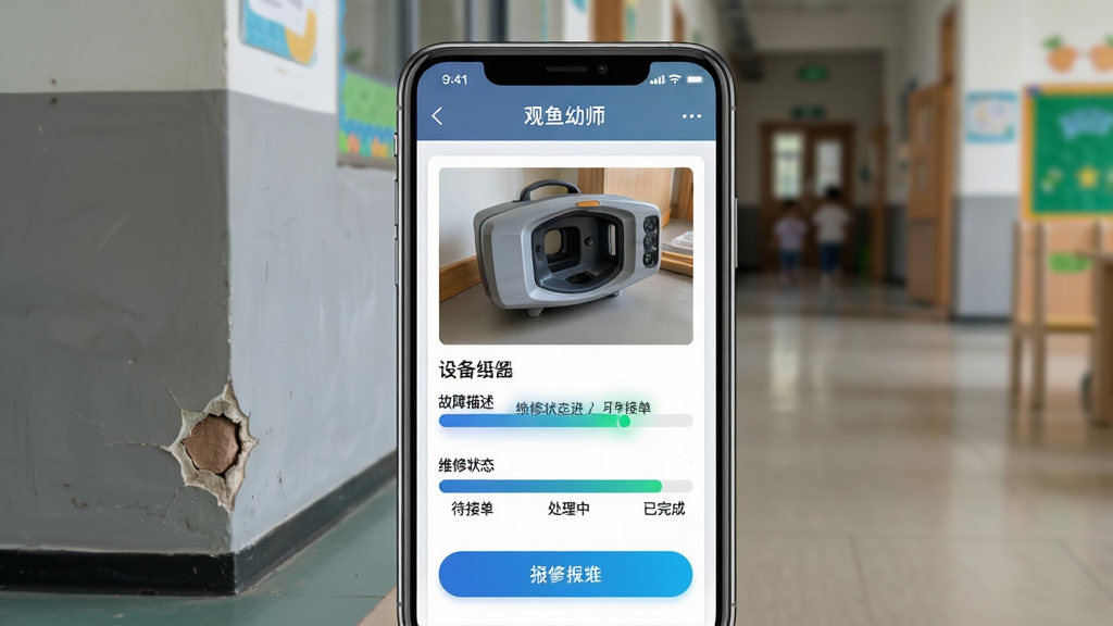 画面主体为手机屏幕显示“观鱼幼师”的报修工单详情,包含设备照片、故障描述、维修状态进度条(待接单、处理中、已完成)。背景为幼儿园走廊,可见墙角有一处小破损。构图采用手机居中,背景虚化。风格为写实与UI结合,色彩以灰色、蓝色为主,突出工单的正式感。细节上,进度条颜色渐变,按钮清晰,画质干净,无多余元素,体现出报修流程的规范与高效。