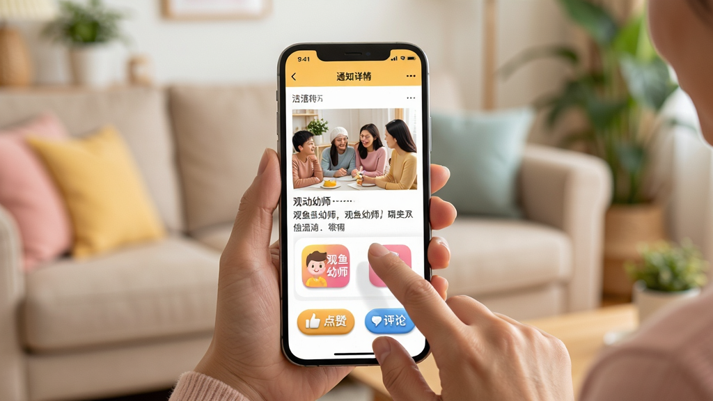 画面主体为一部手机和一位家长的手,家长正点击屏幕中的“观鱼幼师”APP图标,手机屏幕放大显示通知详情页面,包含活动照片、文字描述和“点赞”“评论”按钮。背景为温馨的家庭客厅,沙发和绿植虚化。构图采用手机与手部特写居中,背景虚化突出前景。风格为写实摄影与UI结合,色彩柔和,以暖黄、粉色为主。细节上,通知页面中的照片清晰,按钮图标有立体感,画质干净,无多余元素,传达出家园互动温馨便捷的感觉。