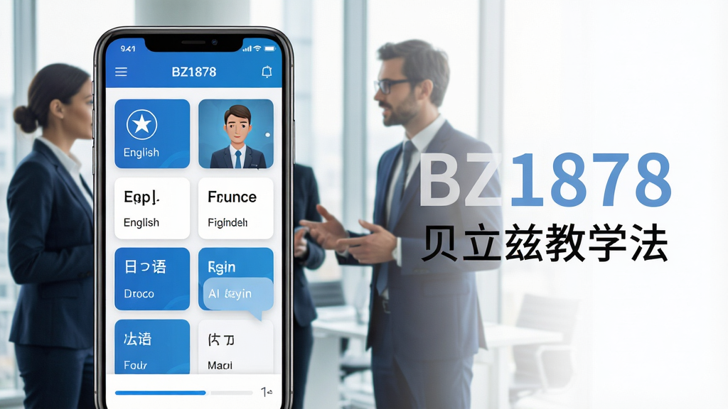主体:一款名为“BZ1878”的智能手机应用界面,屏幕显示多语种学习课程列表,包含英语、日语、法语等选项,背景是商务人士在办公室交流的场景。布局:手机居中偏左,右侧留白处有半透明的“BZ1878”字样和“贝立兹教学法”文字。排版:界面简洁清晰,课程卡片整齐排列,色彩以蓝色和白色为主。风格:现代商务风,科技感与专业感并存。细节:手机屏幕上有AI数字人对话模拟窗口,画面底部有课程进度条。画质:4K超高清,干净,无多余元素。