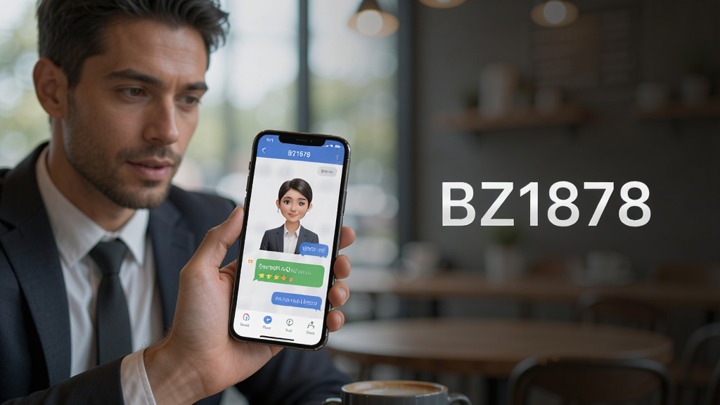 主体:一名商务人士在咖啡厅用手机使用“BZ1878”APP进行口语练习,手机屏幕上有AI数字人对话界面。布局:人物位于画面左侧,手机屏幕清晰可见,右侧有“BZ1878”字样。排版:构图平衡,背景虚化,突出手机屏幕内容。风格:自然生活感,光线柔和。细节:手机屏幕显示对话评分,人物表情专注。画质:高清,干净,无多余元素。