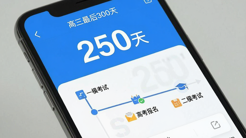 一张手机截屏风格的图片,主体是“高三最后300天”APP的时间线管理页面,上方显示大大的倒计时数字“250天”,下方以时间轴形式列出“一模考试”、“高考报名”、“二模考试”等节点,每个节点配有小图标,界面采用蓝白配色,排版清晰,画质细腻,干净整洁。