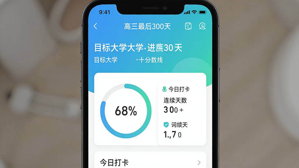 一张手机应用界面图,主体是“高三最后300天”APP的进度追踪页面,顶部显示目标大学名称和分数线,下方是一个圆形进度环,显示“68%”,旁边列有“今日打卡”、“连续天数”等数据卡片,界面色调清新,布局合理,画质高清,无多余元素。