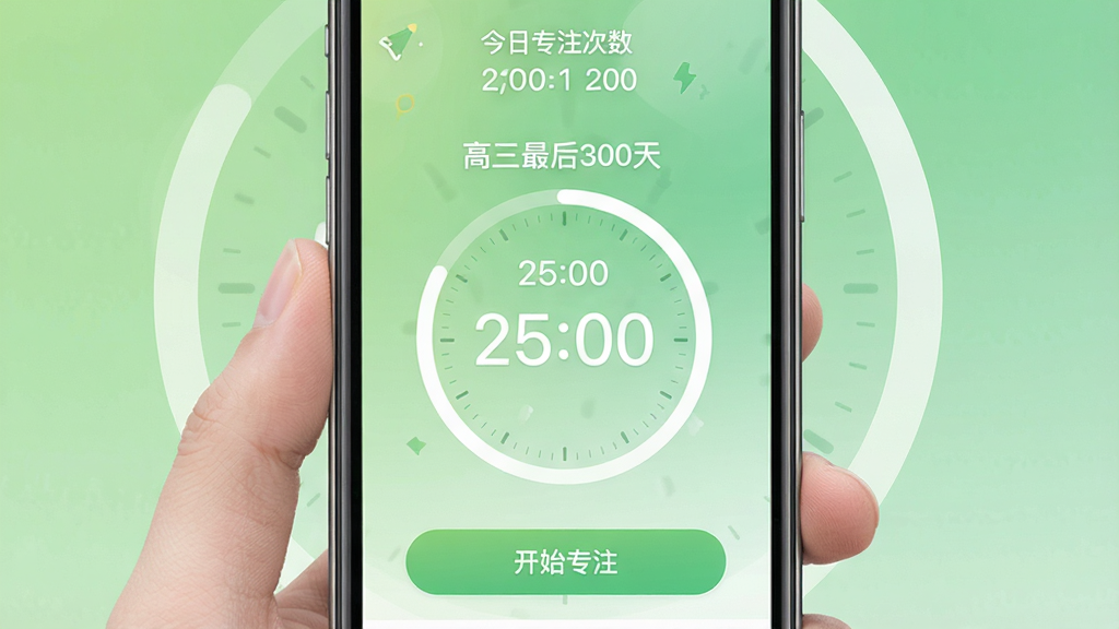 一张手机APP界面截图,主体是“高三最后300天”的专注计时页面,中央是一个圆形的计时器,显示“25:00”,下方有“开始专注”按钮,背景是柔和的绿色渐变,顶部有“今日专注次数”统计,整体设计简约,风格清新,画质清晰。