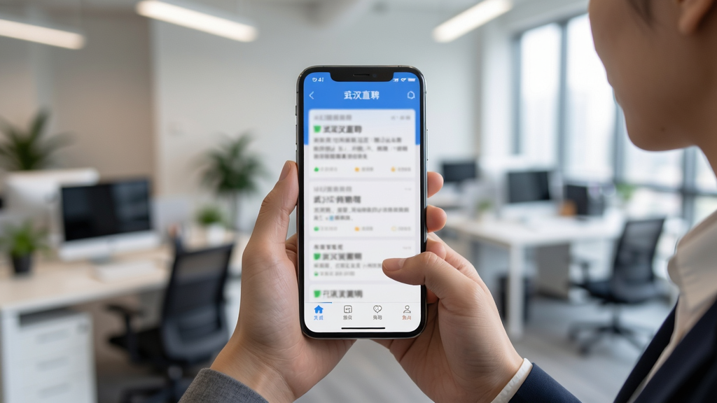 武汉直聘APP使用场景图,主体为求职者手持手机浏览职位,背景为办公室环境,布局居中构图,风格真实摄影,细节包括手机屏幕上的APP界面模糊可见,画质高清干净无多余元素