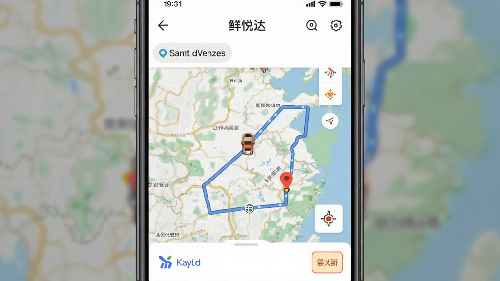 鲜悦达手机端运行截图,主体为运单在途跟踪地图页面,包含车辆图标和路线轨迹,布局清晰,排版简洁,高德地图风格,细节丰富,画质干净,无多余元素