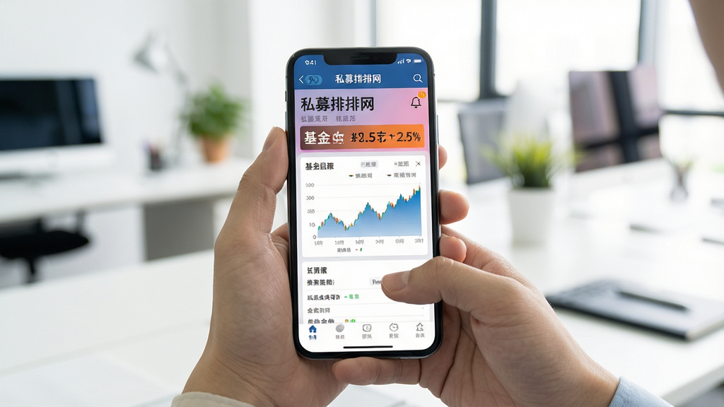 主体:用户手持手机使用私募排排网APP,屏幕显示基金详情页,背景为明亮的办公环境。布局:手机居中,人物手部动作自然。排版:界面清晰,重点数据高亮。风格:真实使用场景风格,生活化。细节:屏幕显示“私募排排网”及基金名称,图表清晰。画质:高清,干净无多余元素。