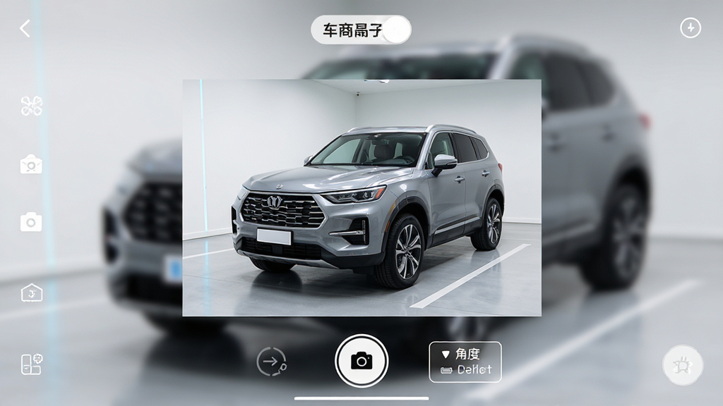 一幅展示车商拍照软件主界面的高清截图,画面中央是一辆SUV车型的拍摄预览,界面简洁,底部有拍照按钮和角度提示框,上方有遮挡车牌功能的开关,整体风格科技感强,色彩明亮,细节清晰,画质干净无多余元素
