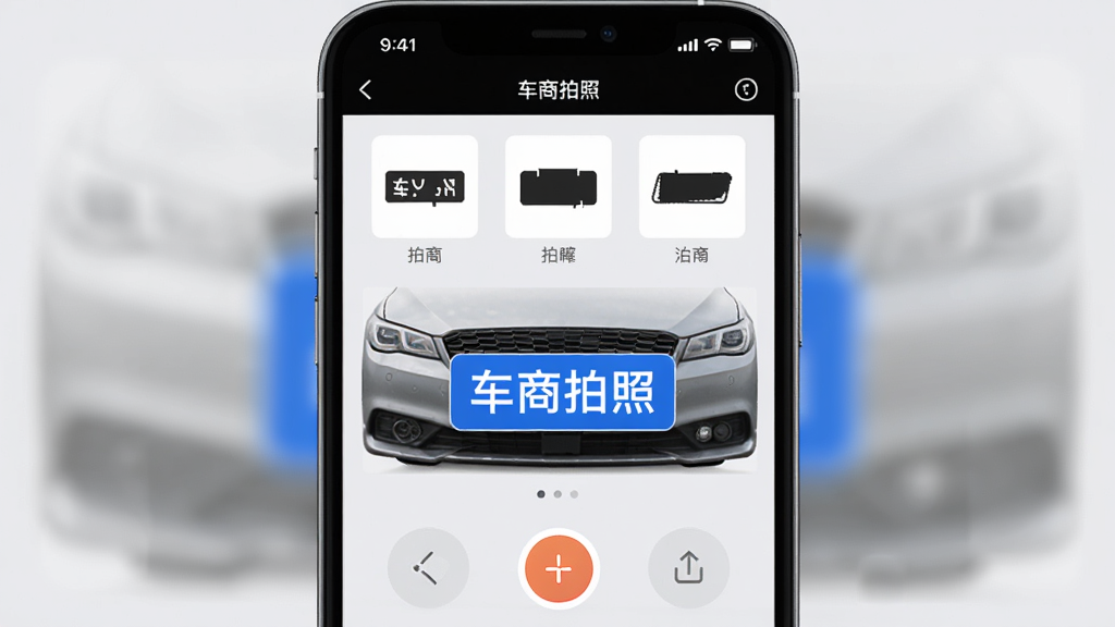 手机屏幕上显示车商拍照软件的车牌遮挡功能界面,画面中一辆汽车的车牌位置被一个“车商拍照”的蓝色标签覆盖,周围有可选的遮挡物样式图标,界面简洁,操作按钮清晰,背景为浅灰色,画质干净明亮