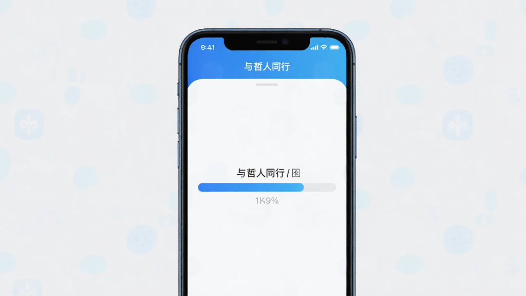 主体:一部手机正在安装“与哲人同行”应用,屏幕上显示安装进度条。布局:手机居中,背景为纯净的浅灰色。排版:简洁直观,进度条清晰。风格:科技感,蓝色调。细节:画面干净,无多余元素,画质高清。