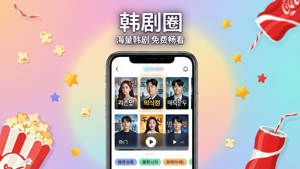 主体:一部正在播放韩剧的智能手机屏幕特写,屏幕上显示“韩剧圈”应用界面,界面中有热门韩剧封面海报墙、播放按钮和推荐标签。布局:手机居中,背景为柔和的渐变色光晕,周围散落爆米花、可乐、小星星等元素,营造轻松追剧氛围。排版:手机屏幕内容清晰可辨,主标题“韩剧圈”置于手机上方居中,副标题“海量韩剧 免费畅看”位于其下。风格:现代扁平插画风,色彩明亮鲜艳,高饱和度。细节:屏幕中的海报有韩文和人物头像,边缘有微光特效,整体干净无杂乱元素。画质:8K超清,细节丰富,干净无多余元素。