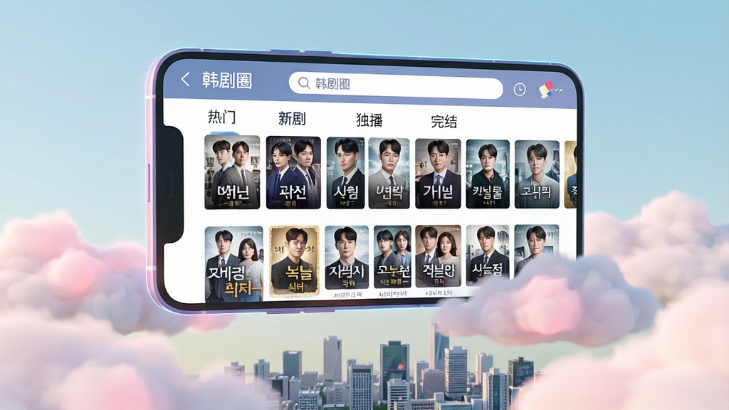 主体:一个巨大的手机屏幕悬浮在云朵之上,屏幕中显示“韩剧圈”APP的资源库界面,分类标签如“热门”、“新剧”、“独播”、“完结”清晰可见,每个分类下都有大量韩剧海报缩略图。布局:屏幕位于画面中央偏上,云朵下方是城市景观,暗示随时随地可看。排版:屏幕内的界面布局整齐,海报排列规则,顶部搜索栏有“韩剧圈”字样。风格:3D渲染风格,光影柔和,色彩清新。细节:屏幕边缘有微光,海报上有韩文标题,云朵带有淡粉色光泽。画质:4K高清,干净无多余元素。