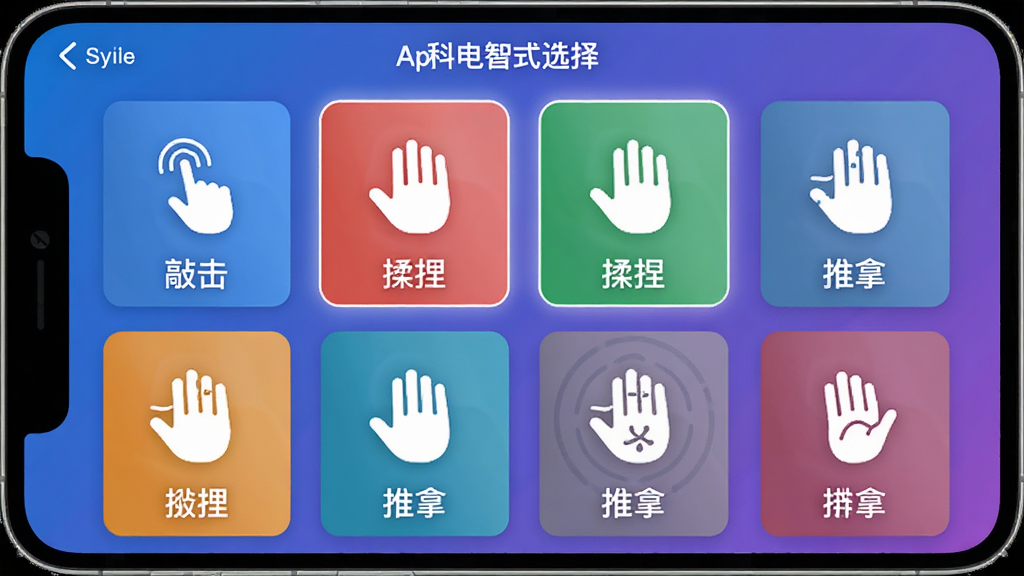 �Ƶ�����Appģʽѡ����棬��Ļչʾ�û����������õ�ͼ�꣬ÿ��ͼ���·����������ƣ���ǰѡ��ģʽ������ʾ������Ϊ�������У�ÿ��ͼ��������ɫ���֡�������ִ�������ɫ���䱳������ɫͼ�����������ʸ����޶���Ԫ�ء�