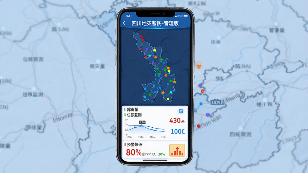 主体:四川地灾智防-管理版APP界面,展示地质灾害监测数据看板。布局:手机屏幕居中,背景为四川省地图轮廓,地图上分布着彩色监测点。排版:上方为APP名称“四川地灾智防-管理版”,下方为数据列表。风格:科技感、扁平化、蓝色系。细节:屏幕内显示降雨量、位移监测曲线、预警等级图标。画质:高清、干净、无多余元素。