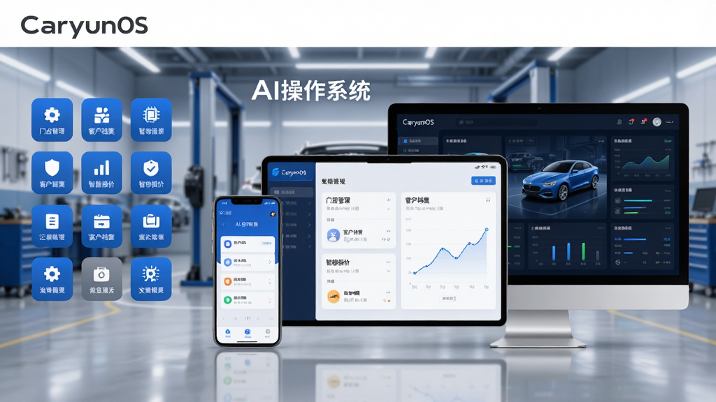 主体:CaryunOS品牌主视觉,画面中央展示系统界面概念图,包含手机与电脑双端同步操作场景,背景是现代化汽车维修车间。布局:左侧为系统功能图标矩阵,右侧为数据看板,上下留白平衡。排版:简洁大气,突出