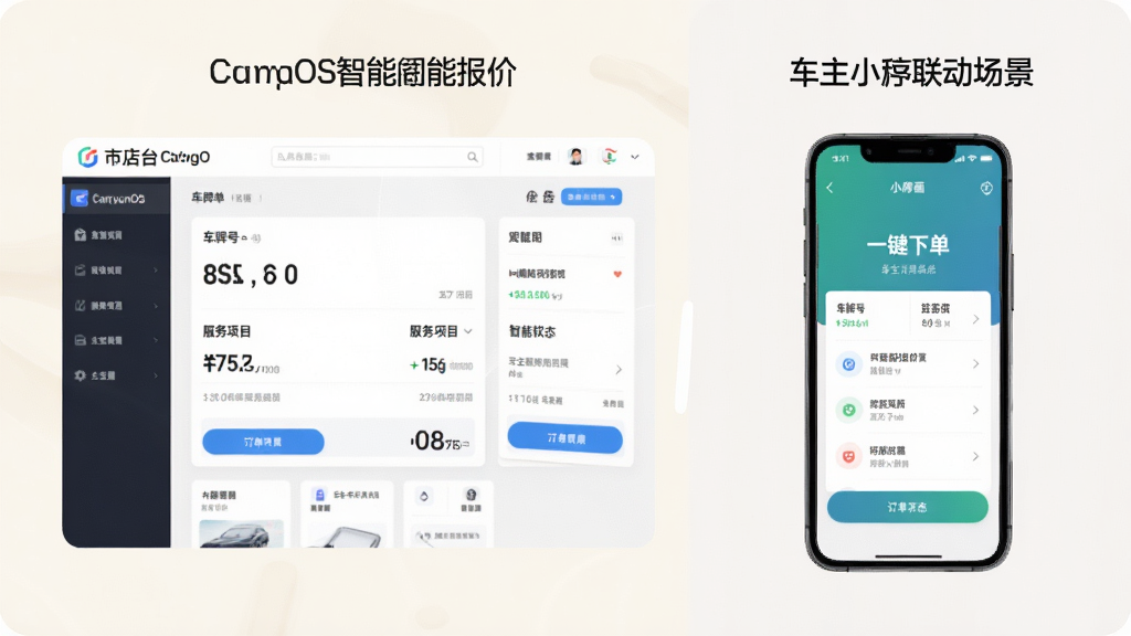 主体:CaryunOS智能报价界面与车主小程序联动场景。布局:左侧为门店后台报价页面,右侧为车主手机小程序界面。排版:对比鲜明,突出