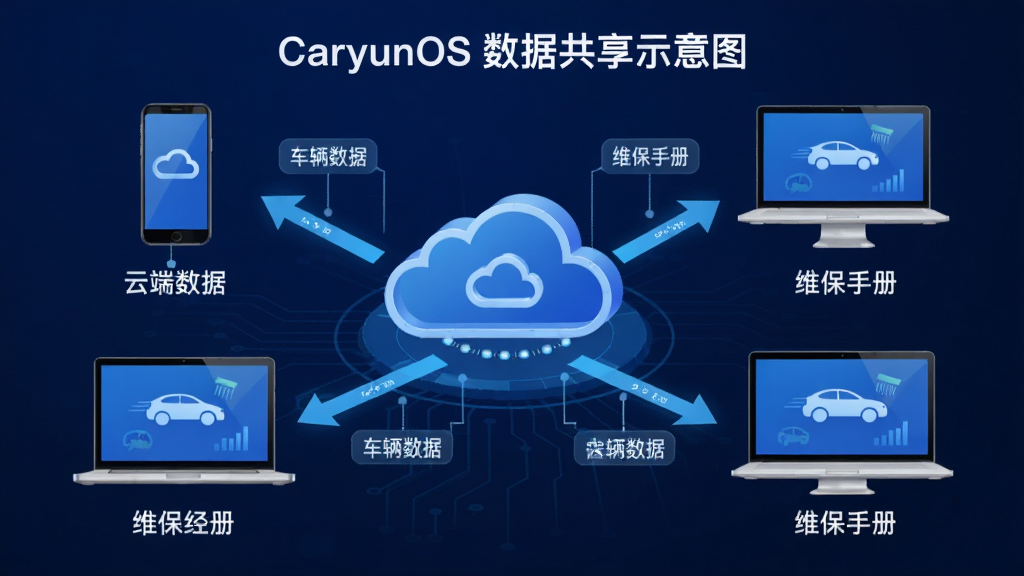 主体:CaryunOS数据共享示意图,展示云端数据向门店终端传输。布局:中心为云服务器,四周连接手机和电脑设备。排版:简洁明了,箭头指示数据流向。风格:科技感,深蓝色背景。细节:标注