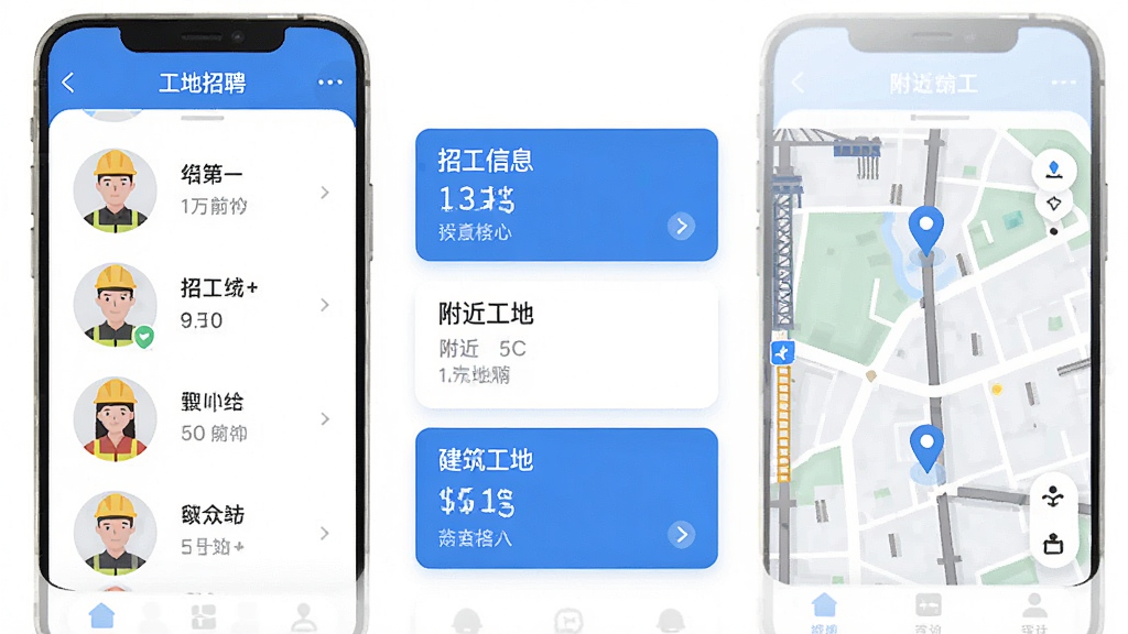 建筑工地招聘APP主界面,展示工人头像列表、招工信息卡片、附近工地地图定位,界面简洁清晰,蓝白配色,现代扁平化设计风格,高清画质,干净无多余元素