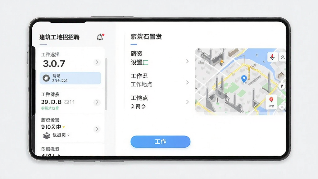 建筑工地招聘APP招工发布页面,显示工种选择列表、薪资设置、工作地点地图,界面操作流畅,信息展示直观,现代简约风格,画质清晰干净